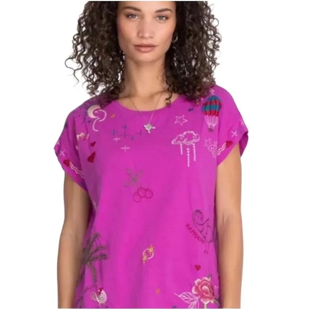 Johnny Was Kai Pink Purple Embroidered Short Sleeve Relaxed Tee Top Sz XL - Picture 1 of 9